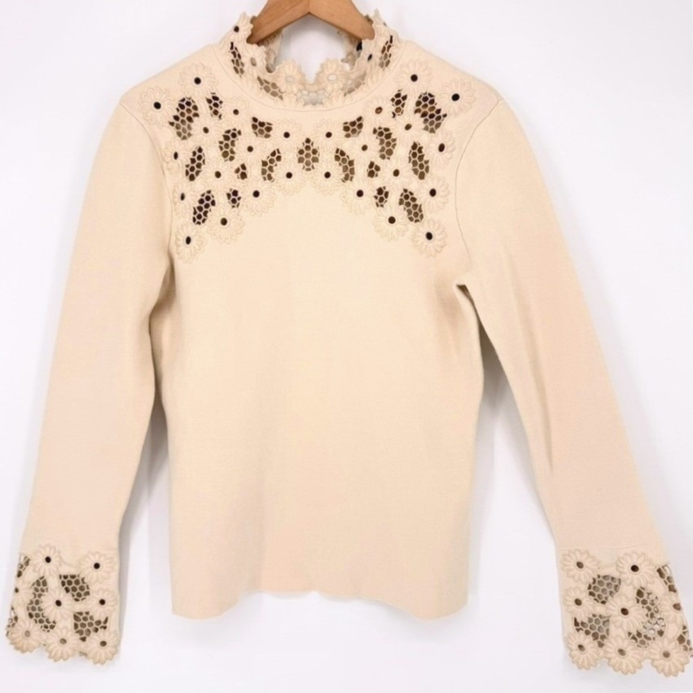 & Other Stories Paris Atelier Cream Floral Eyelet Mock‎ Neck Knit Top Size M